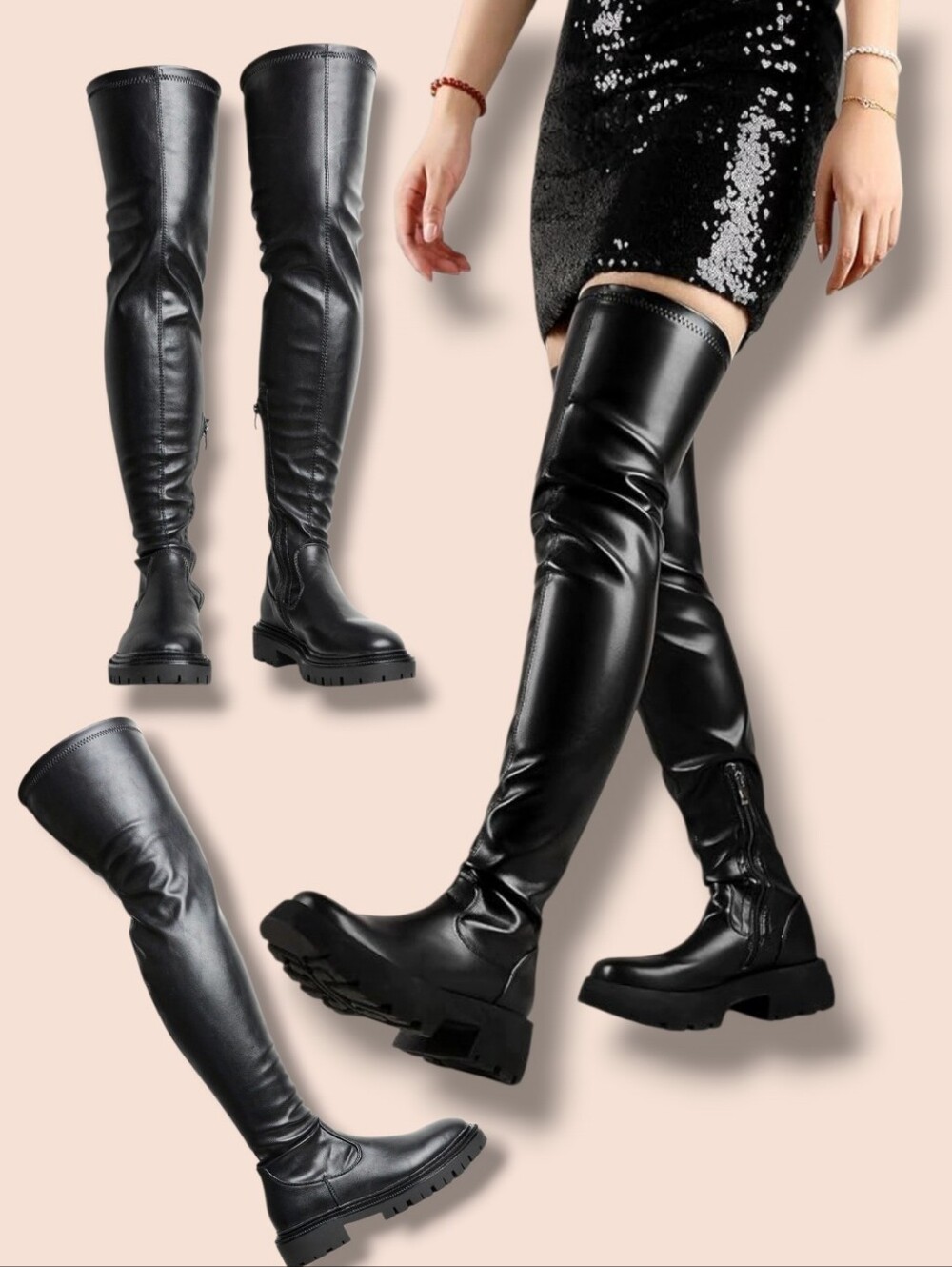 L'INTERVALLE Women's Ziota Black PU Leather Stretch Over-the-Knee Lug Sole Boots